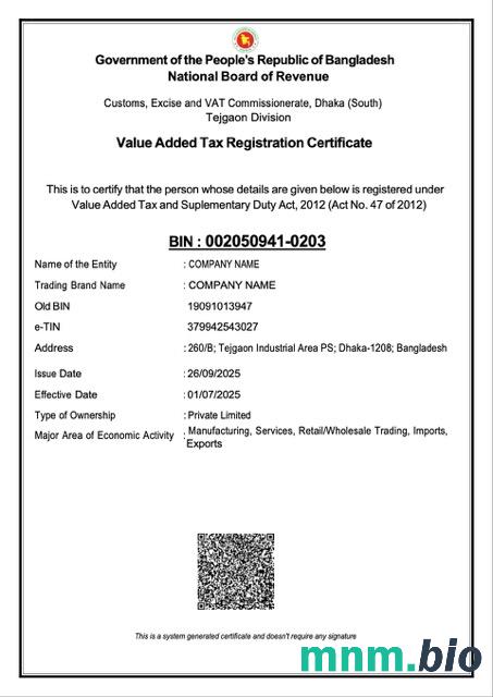 Bangladesz certyfikat rejestracji VAT Word i PDF szablon, Wersja 2
